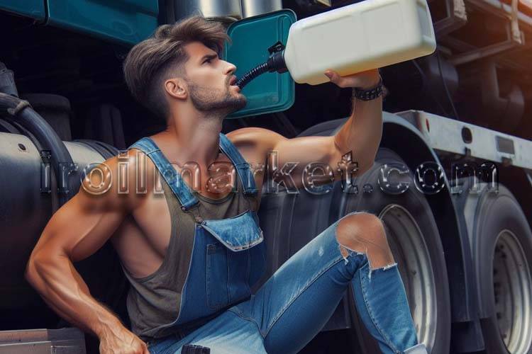 فردی در حال خوردن گازوئیل کنار کامیون